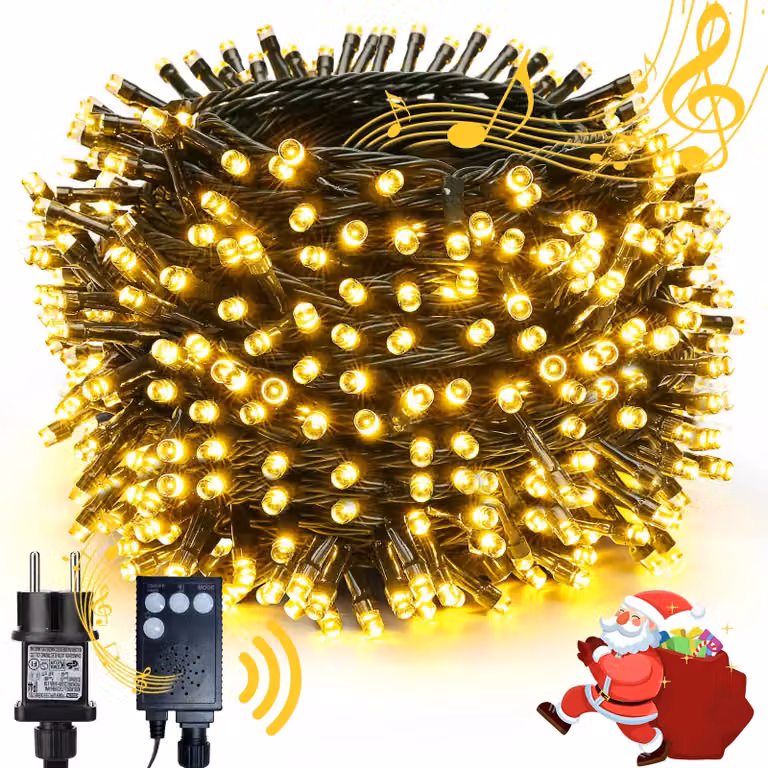 Catena luminosa da 20 metri, con 200 LED, funzione musicale, 8 modalità, luce bianco caldo, impermeabile
