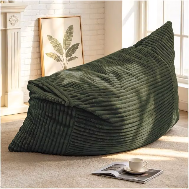 Poltrona Sacco Gigante Reclinabile Minimal in Tessuto di Flanella Verde per il Tuo Relax in Soggiorno o Camera da Letto