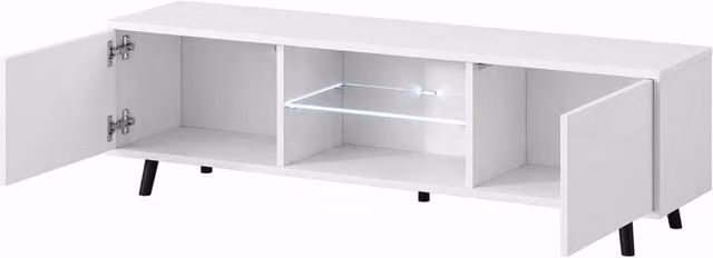 Mobile TV moderno MEGAOFFERTE in melaminico bianco con 2 ante battenti, vano centrale con ripiano in vetro e illuminazione LED e piedini in metallo per soggiorno, L: 140 cm, P: 31.5 cm, H: 40 cm