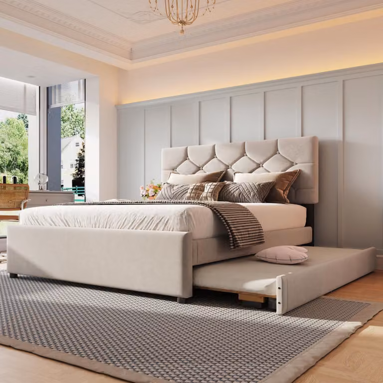 Letto imbottito Merax 140x200 cm, con letto estraibile 90x190 cm, rete a doghe, schienale con rivetti, letto matrimoniale, letto piano, letto per bambini, velluto, beige