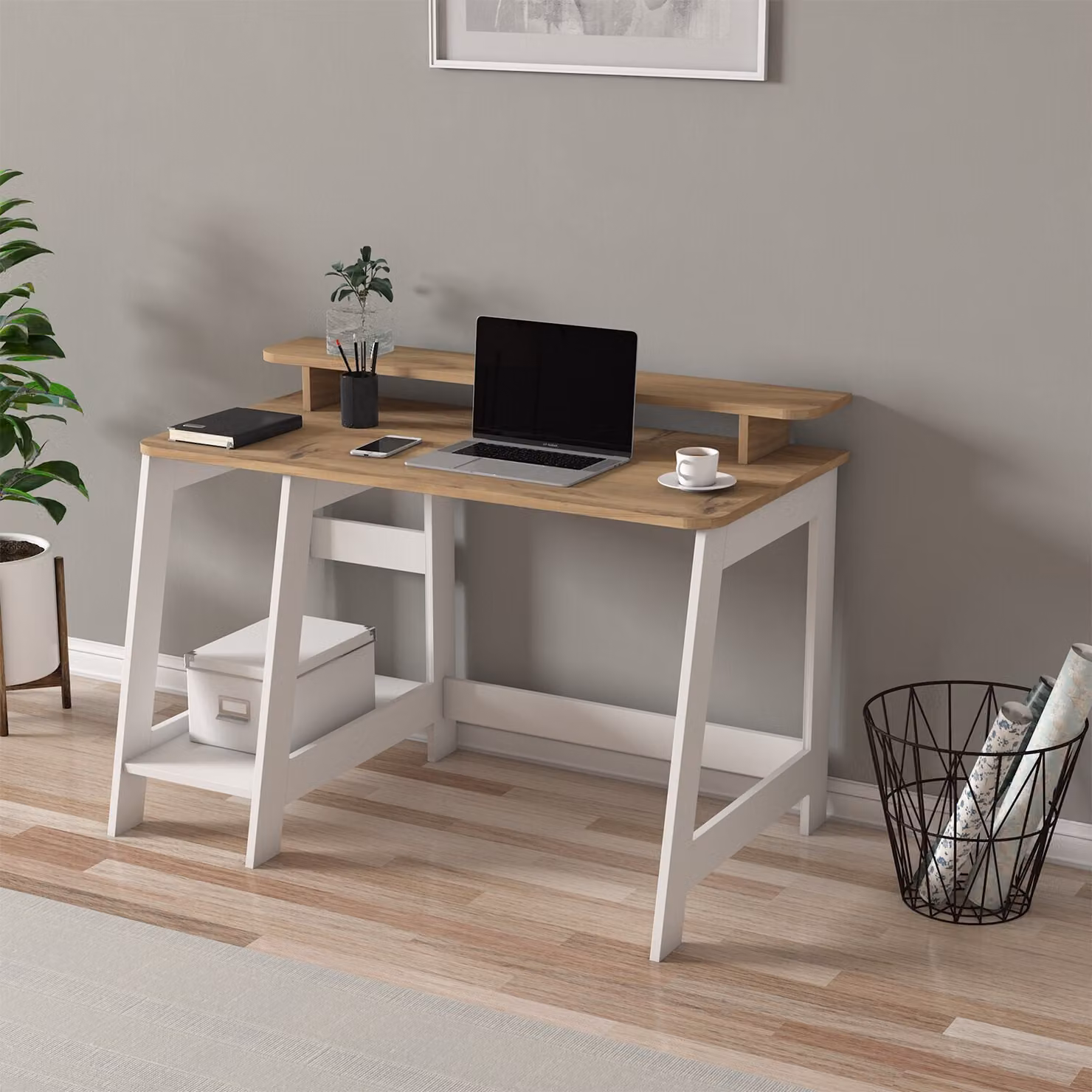 Skye Decor, scrivania moderna da parete, dimensioni 120 x 73 x 60 cm, realizzata in pannello di particelle rivestito in melamina al 100%, spessore 18 mm, con numerosi ripiani, disponibile nei colori bianco e noce, design scandinavo.