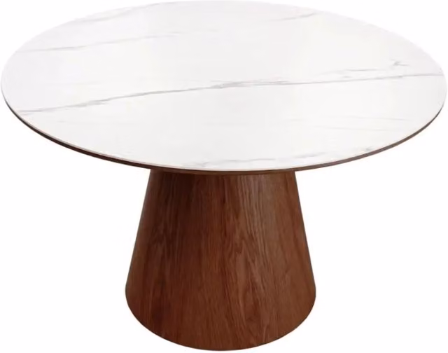 Tavolo da pranzo LUMEA – Rotondo 120 cm – Piano in ceramica effetto marmo bianco – Piede in legno massiccio – Stile contemporaneo