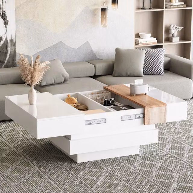 Tavolino da Salotto Quadrato 70x70x39 cm, Bianco + Colore Primario, con Piano Estraibile e Scomparti Nascosti, Finitura Lucida