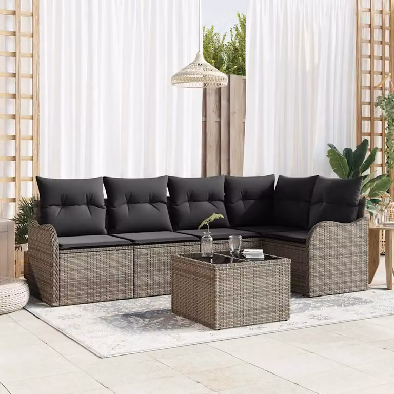 Set Divano da Giardino vidaXL 6 pz Grigio con Poltrona, Tavolino e Ottoman in Polyrattan e Metallo