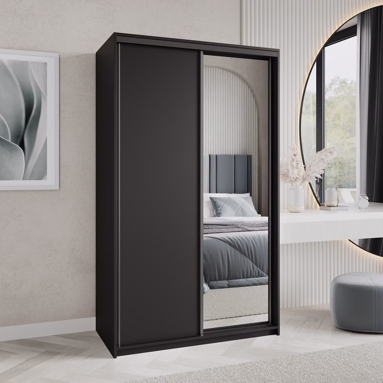 Armadio scorrevole Masseno TAVI 120/205/60 cm Armadio con cassetti Armadio per camera da letto a 2 ante con specchio Nero + Nero