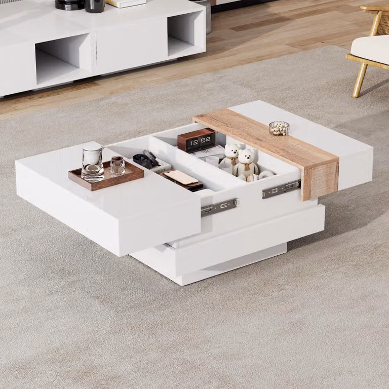 Tavolino STILVORA con piano allungabile, tavolino con portaoggetti e divisori nascosti, tavolino quadrato per divano, colore bianco+legno