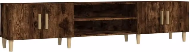 Mobile TV multimediale in legno ingegnerizzato rovere affumicato marrone, stile mid-century per soggiorno o camera da letto, L: 180 cm, P: 40 cm, H: 31,5 cm