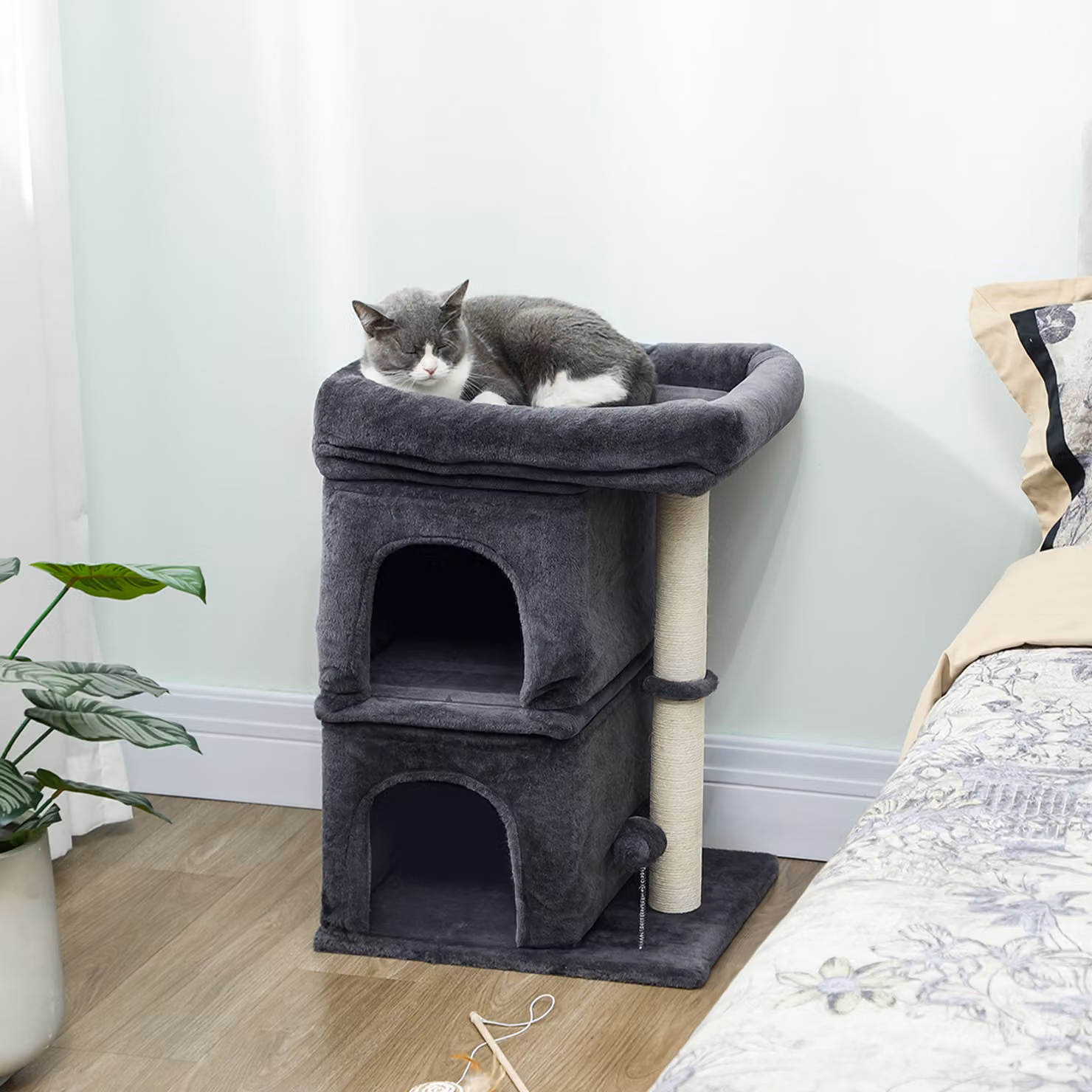 Torre per Gatti PawHut Grigio Scuro con 2 Casette, Lettino e Palo in Sisal per Animali fino a 7 kg – 2