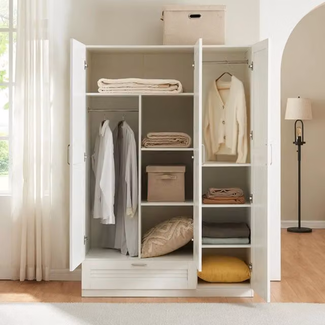 Armadio Guardaroba Finning con Ante a Persiana e Cassetto 176 x 120 x 52 cm Bianco [en.casa]