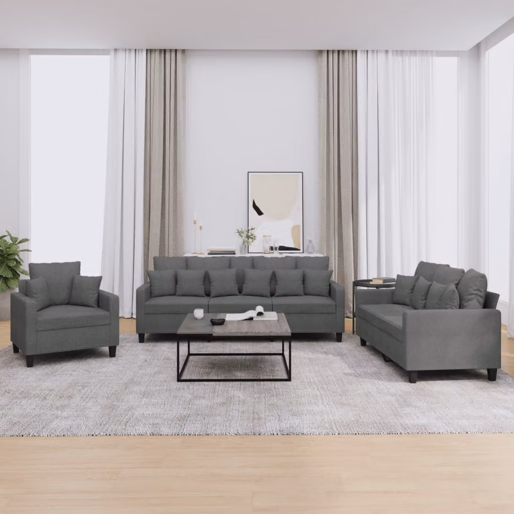 Set di divani vidaXL da 3 pezzi in tessuto grigio con cuscini per soggiorno moderno – 1