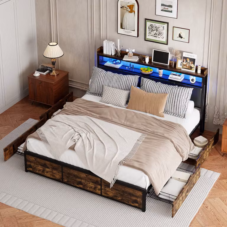 CDGlobal letto imbottito letto matrimoniale 140x200, letto contenitore LED letto per ragazzi con 4 cassetti&funzione di ricarica USB&scomparto portaoggetti, letto funzionale struttura letto con schienale letto con doghe in legno, cotone,Poliuretano,Nero