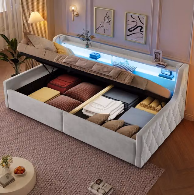 Letto singolo imbottito con vano contenitore e testiera LED; 90 x 200 cm; bianco sporco