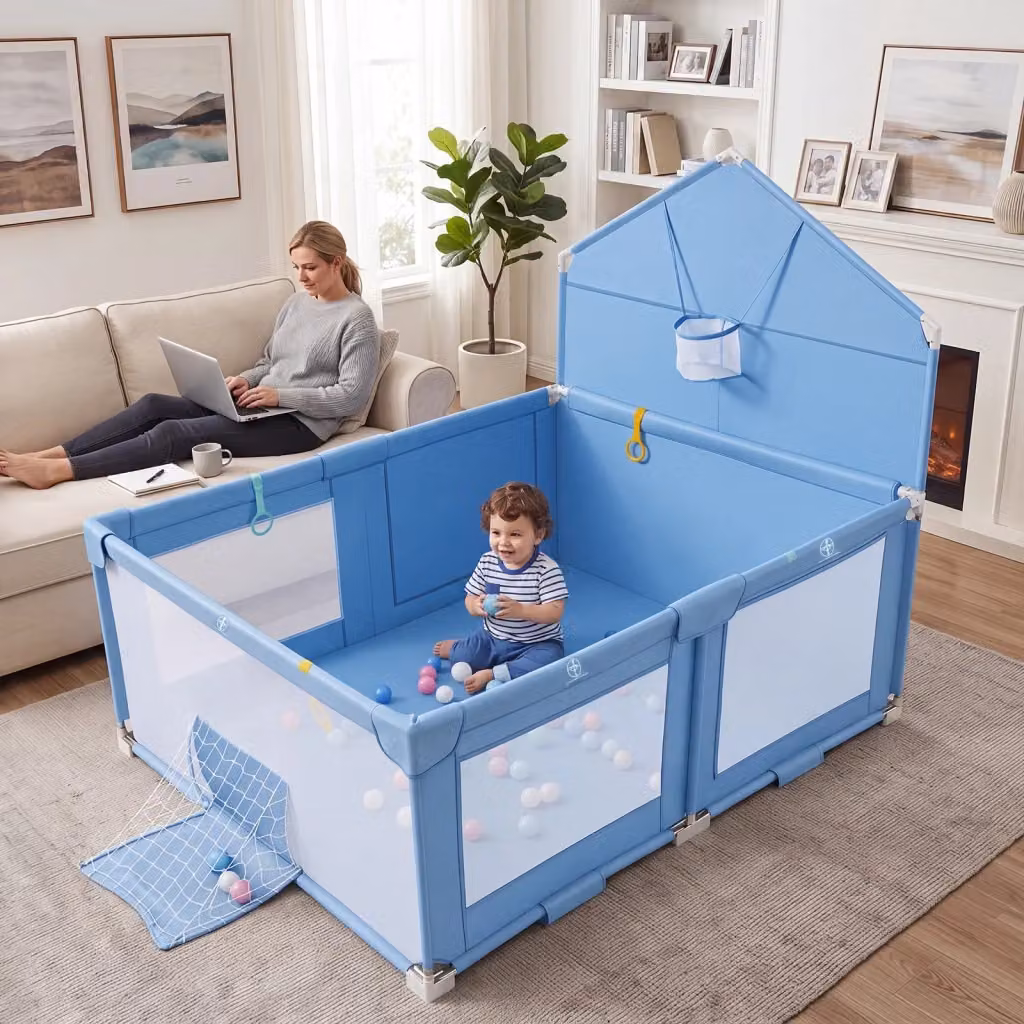 Centro attività pieghevole per bambini con canestro da basket e porta calcio, recinto per neonati 0-3 anni con borsa per il trasporto, Blu, L: 185 cm, P: 150 cm, H: 163 cm – 2
