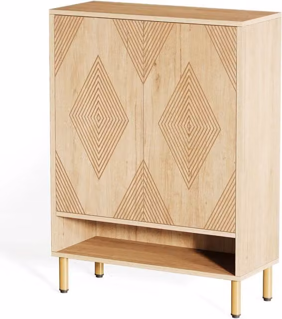 Scarpiera per ingresso in legno con ante a battente e vano aperto, design minimalista, colore beige o marrone