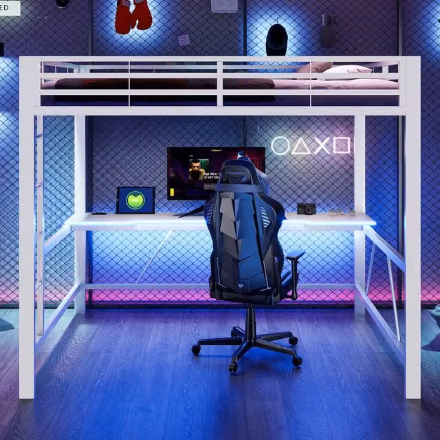 Letto a soppalco 160x200 cm con scrivania; LED multicolore e ricarica USB; struttura in metallo bianco e piano in MDF