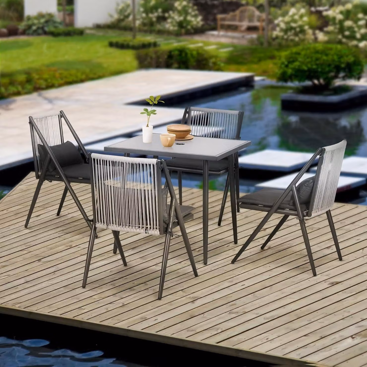 Set da esterno composto da 5 pezzi - Arredamento per balcone - Set per terrazza - Set bistro - Set da pranzo - Struttura in alluminio - Tavolo con predisposizione per ombrellone