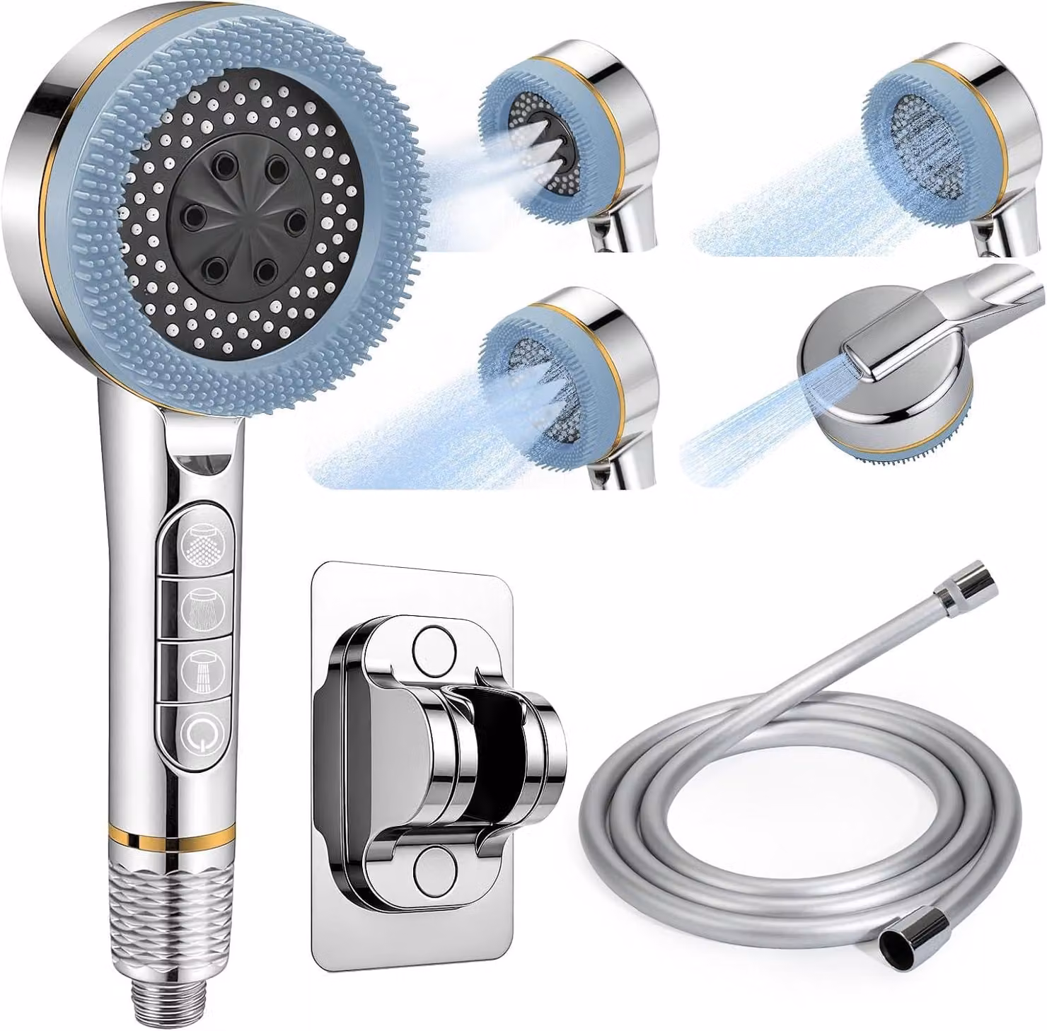 Doccia ad alta pressione con filtro - 4 tipi di getto massaggio, soffione doccia, erogatore manuale, soffione doccia a risparmio idrico, con tubo flessibile da 1-5 metri e supporto (blu)