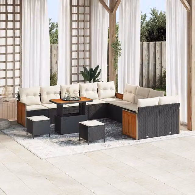Set Divano da Giardino vidaXL a Forma a U con 13 Posti, Colore Nero e Beige, con Cuscini Inclusi e Struttura in Acciaio Verniciato a Polvere