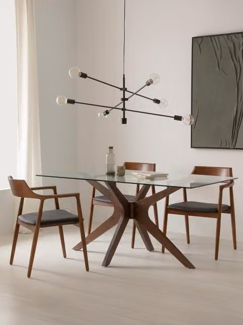 Moore Tavolo da pranzo rettangolare Kenay Home con piano in vetro trasparente e legno di quercia naturale, L: 160 cm, H: 74,5 cm