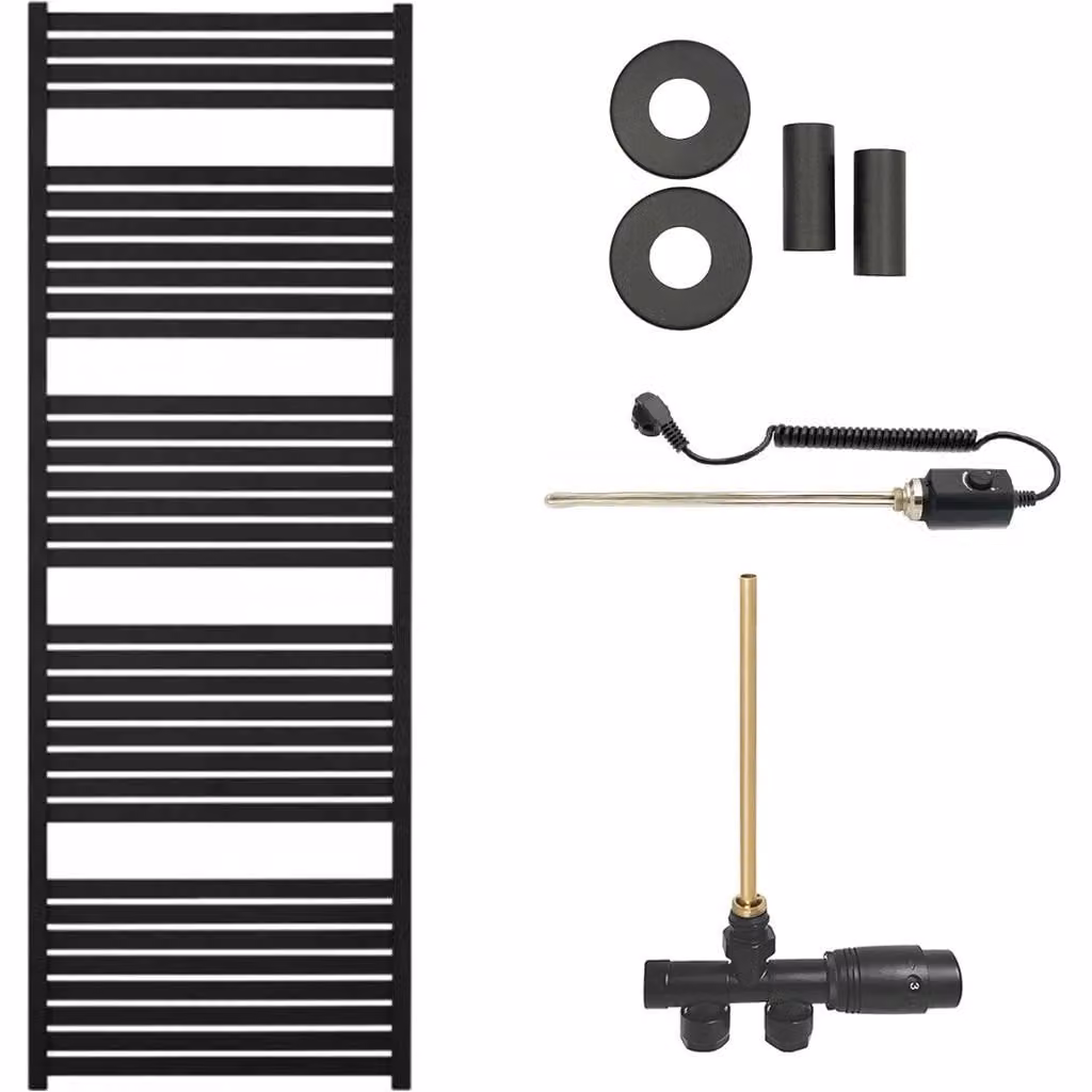 CERANO - Set radiatore da bagno Vincenzo - riscaldamento combinato, barra termica - attacco laterale a punto singolo - 800 W - nero opaco - 1690 x 600 mm