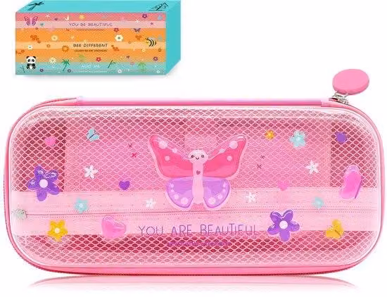 Astuccio rosa con 2 scomparti e portapenne, 23x11x5 cm