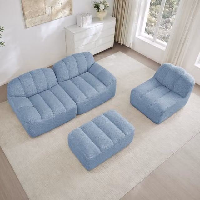 Divano modulare angolare senza struttura; 3 posti; con ottomana; fleece granulato; blu