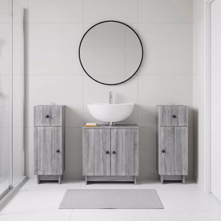 Set di mobili da bagno vidaXL EDE in 3 pezzi color grigio con piano lavabo e armadietti laterali