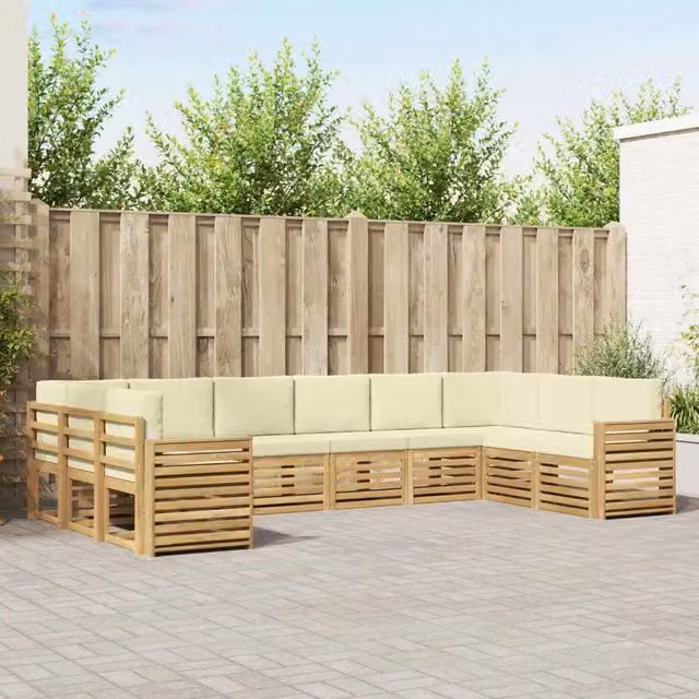 Set di divani da esterno a L vidaXL in legno di acacia con cuscini bianchi e beige – 1