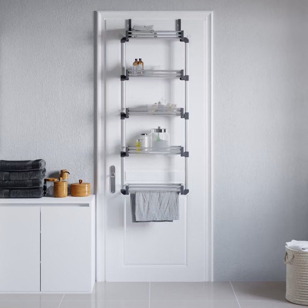 Organizzatore da appendere per porta vidaXL con 5 ripiani in alluminio e plastica, colore argento, L: 52 cm, P: 20 cm, H: 135 cm
