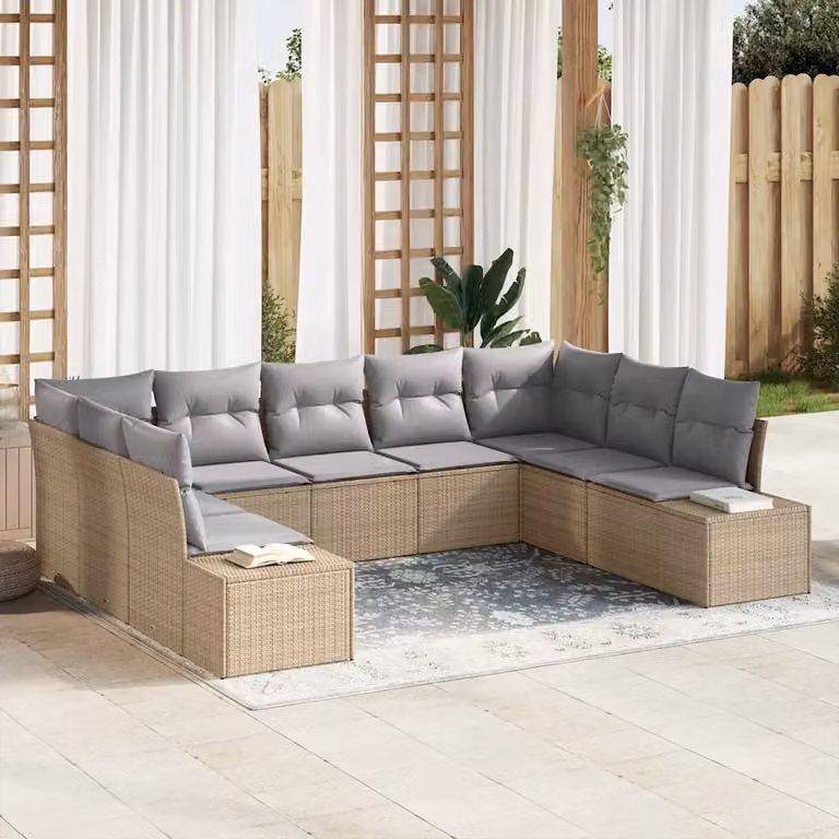 Set Divano da Giardino vidaXL 9 Pezzi a Forma di U in Polyrattan Beige con Cuscini e Tavolino da Esterno