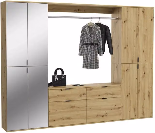 Armadio moderno Meublorama con ante a battente, specchi, cassetti interni e appendiabiti, finitura rovere, L: 243 cm, H: 193 cm, P: 34 cm