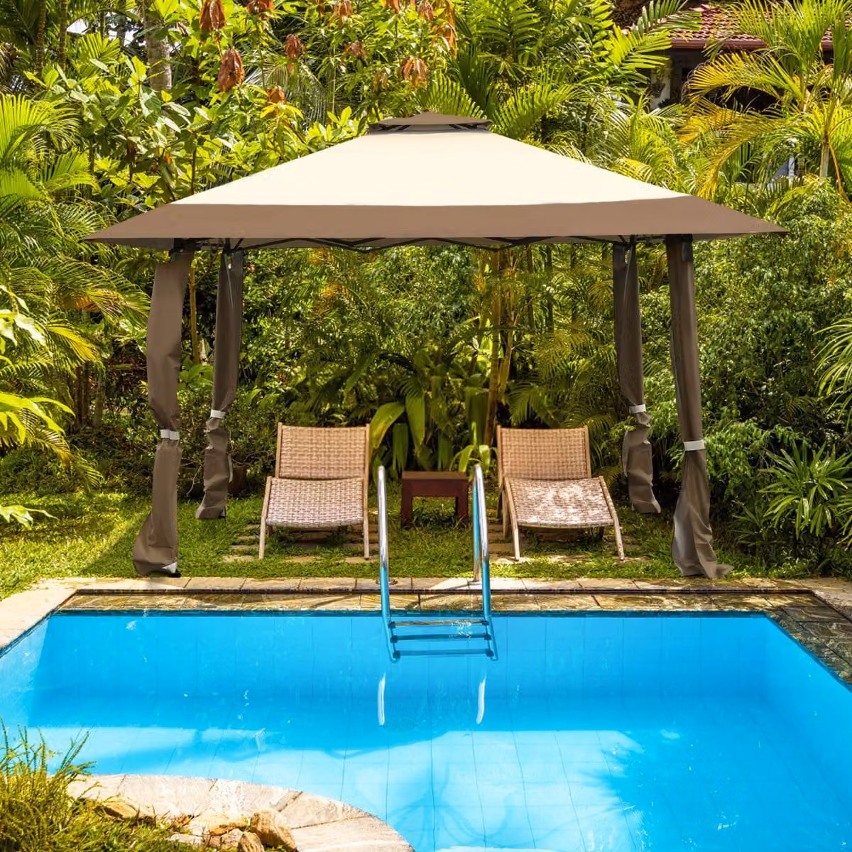 Gazebo da giardino Costway con tenda a baldacchino a due livelli in tessuto Oxford e struttura in acciaio, Marrone, 4 x 4 m