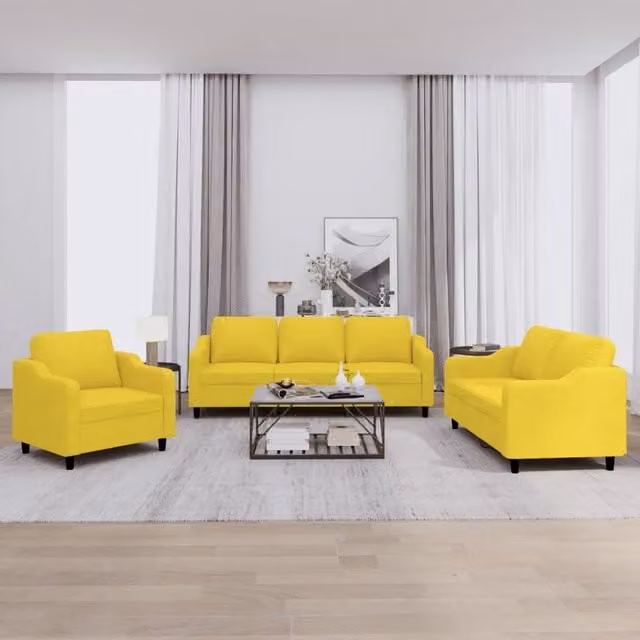 Set di divani moderno vidaXL composto da un divano a 3 posti e un divano a 2 posti in tessuto giallo con cuscini inclusi – 1
