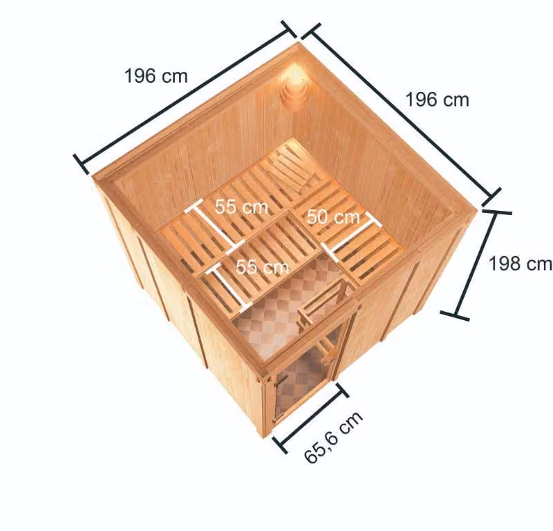 Sauna Woodfeeling Oulu (ingresso frontale), porta tutto vetro, bronzata, senza accessori