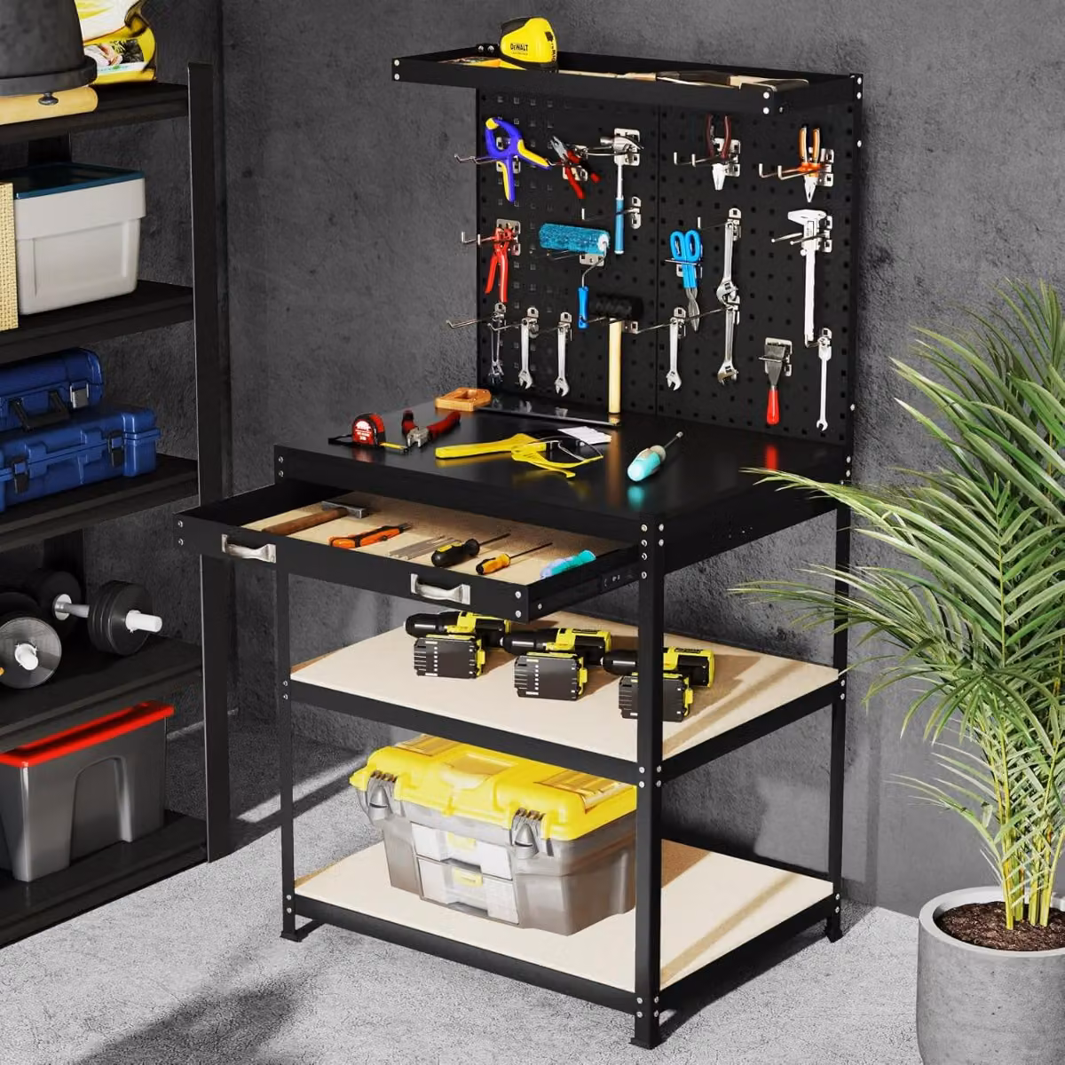 Costway Banco da lavoro in metallo con 2 pegboard, cassetto e mensole, Nero