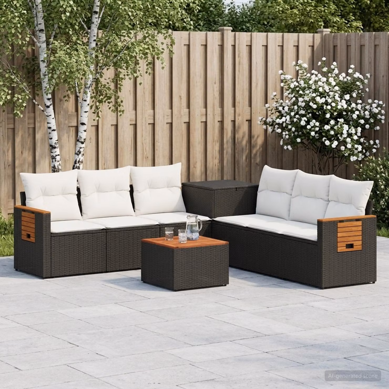 Set di divani da giardino vidaXL a forma di L composto da 8 pezzi con tavolino da caffè, struttura in metallo e cuscini inclusi, colori nero, bianco e multicolore