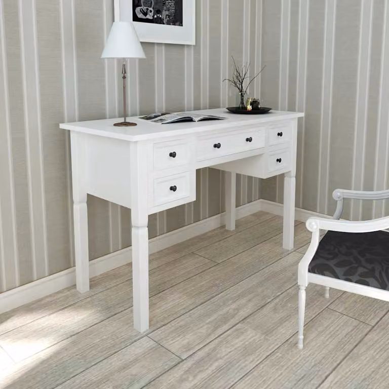 Scrivania moderna vidaXL in legno laccato bianco con cassettiera per ufficio o camera da letto