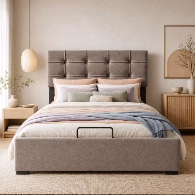 Letto matrimoniale imbottito 140x200 cm in velluto grigio chiaro con contenitore e testiera regolabile