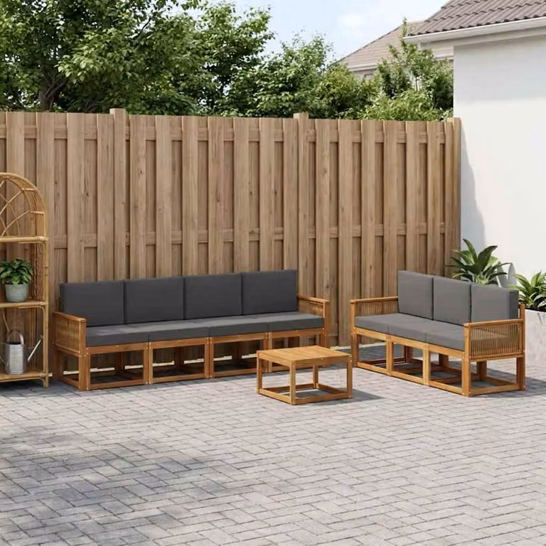 Set di divani da esterno vidaXL 8 pezzi in legno di acacia con cuscini beige e antracite e tavolino da giardino