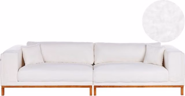 Divano moderno Beliani in tessuto bouclé bianco con gambe in legno oliato per il tuo soggiorno, L: 308 cm, P: 118 cm, H: 79 cm