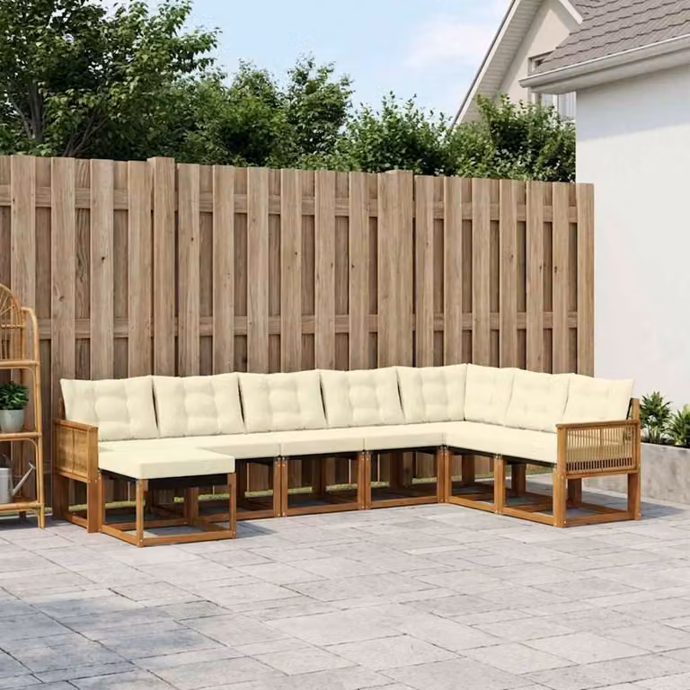 vidaXL Set di divani da esterno a L composto da 8 pezzi in legno di acacia e tessuto textilene, colori beige, bianco e marrone