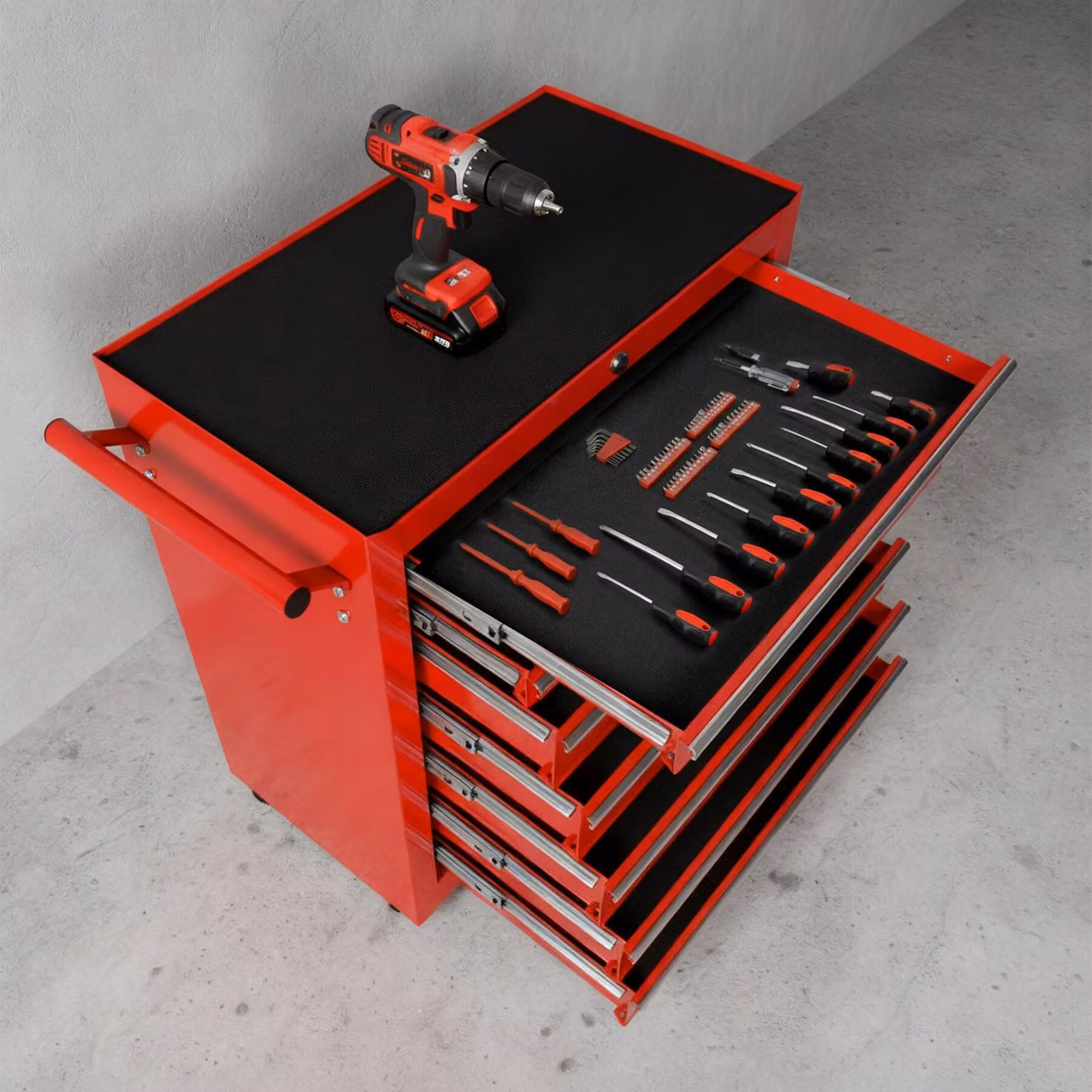 Carrello portautensili tectake con 7 cassetti chiudibili, piano di lavoro e ruote, rosso, L: 79 cm, P: 44 cm, H: 89 cm – 2