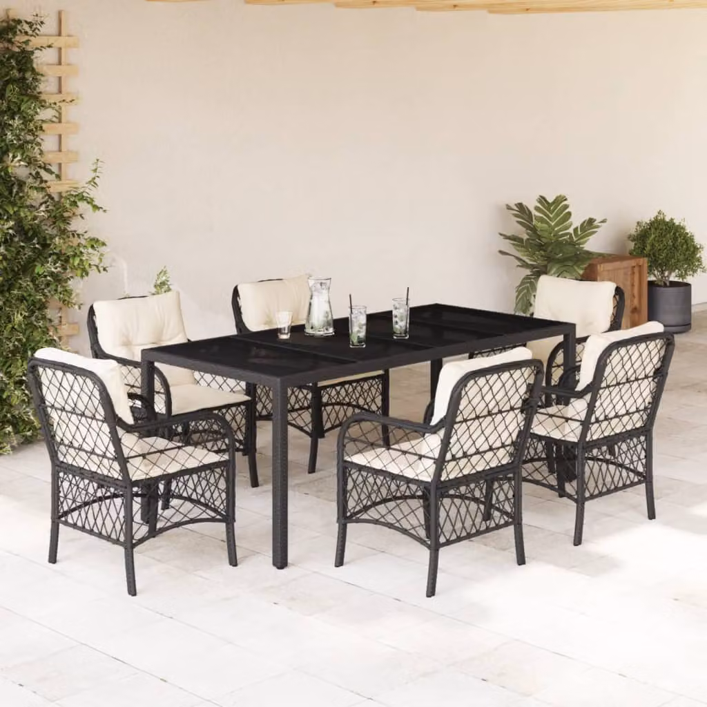Set da Pranzo da Giardino vidaXL 7 pz in Polyrattan Nero con Piano in Vetro e Cuscini – 1