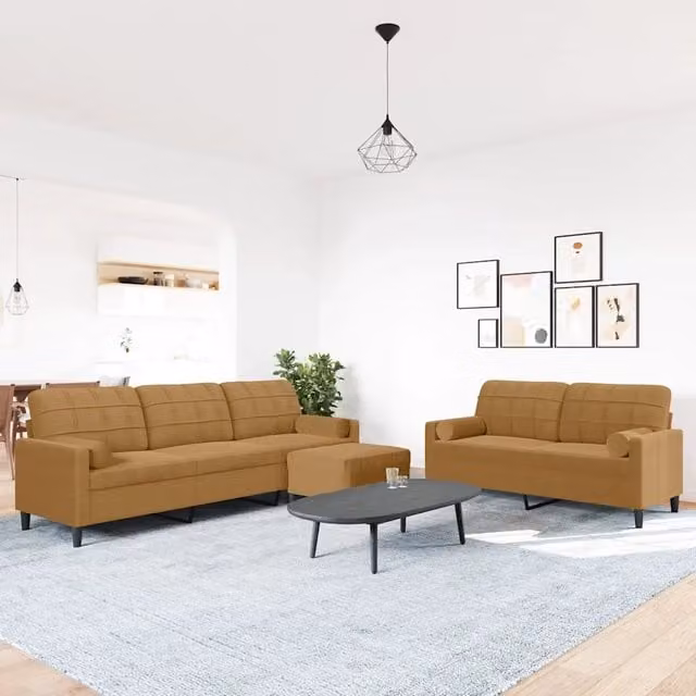 Set di divani moderno vidaXL in velluto marrone composto da divano a 3 posti, divano a 2 posti e pouf con cuscini e struttura in metallo