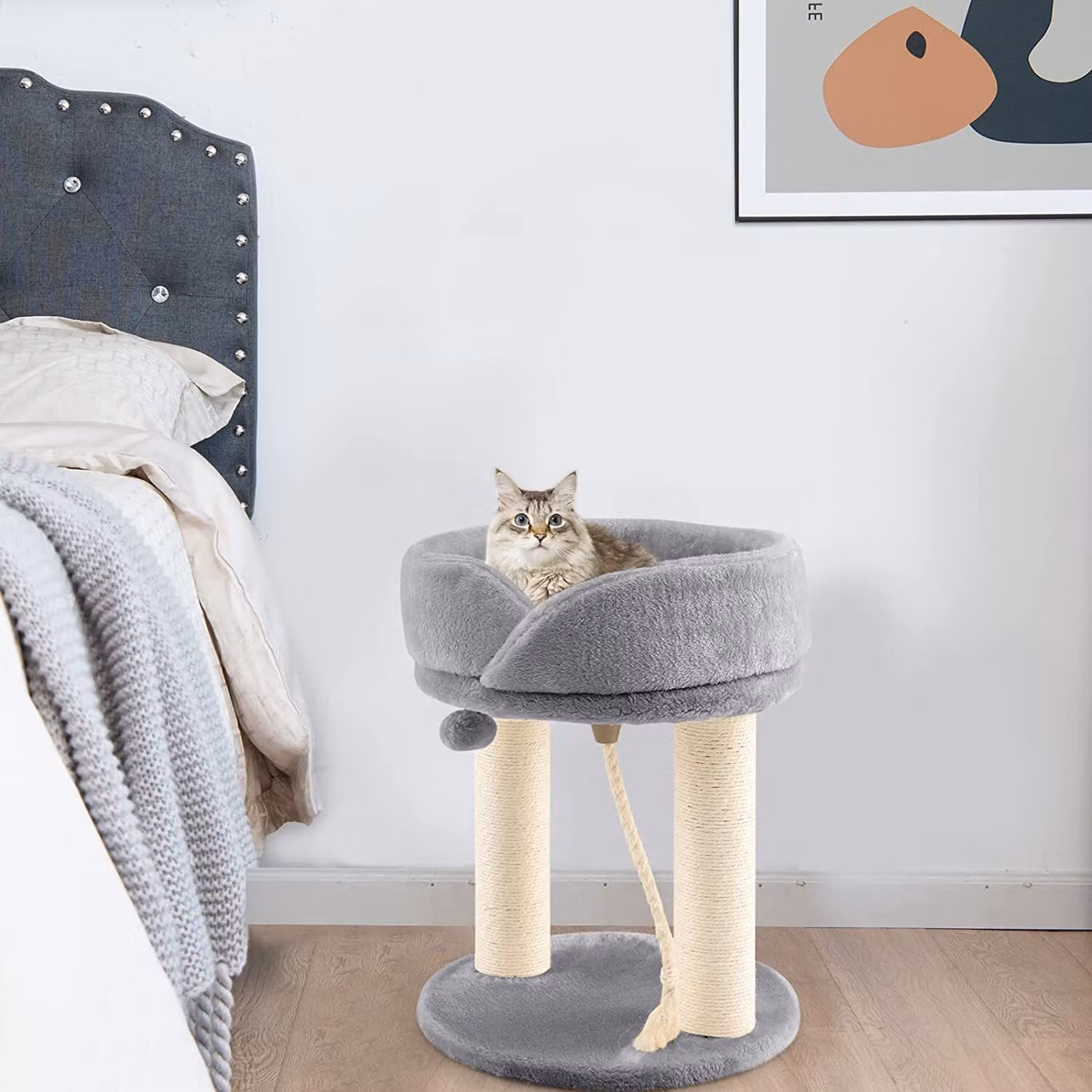 COSTWAY 4in1 tiragraffi piccolo 50,5 cm, albero per gatti con seduta morbida, base, palla di pelo e corda in sisal, tiragraffi in legno per gatti, albero da arrampicata, arredamento per gatti, grigio