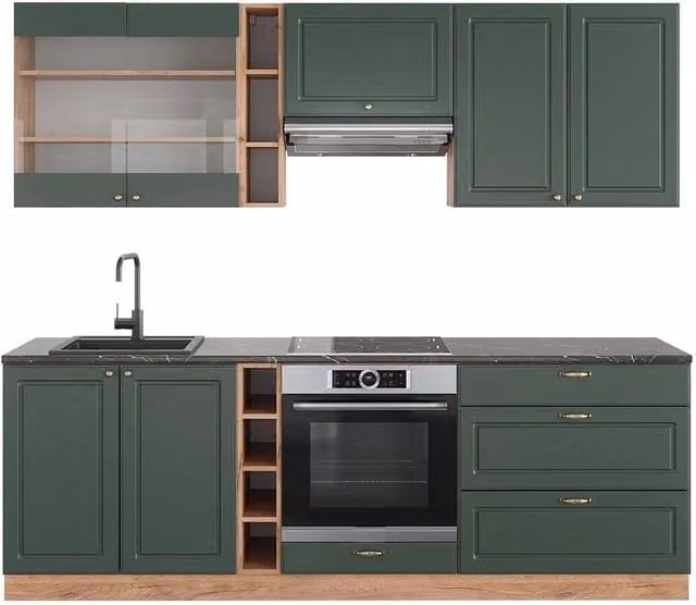 Cucina componibile Fame-Line Verde-oro rustico/Rovere dorato 235 cm, PL Antracite Vicco