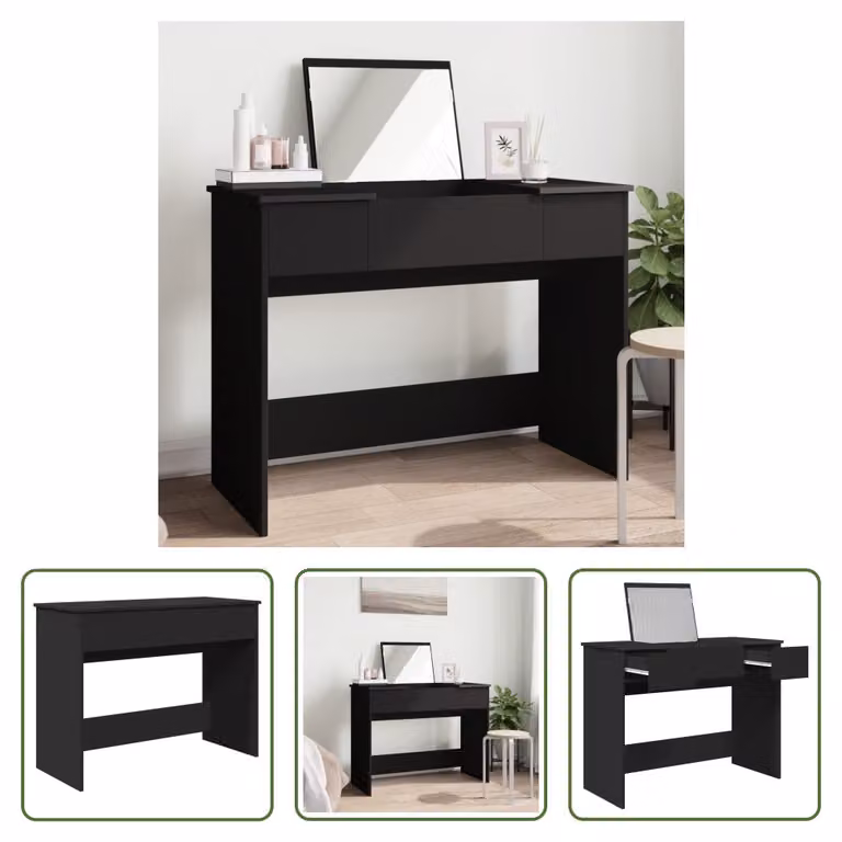 The Living Store Comodino con specchio nero 100x45x76 cm