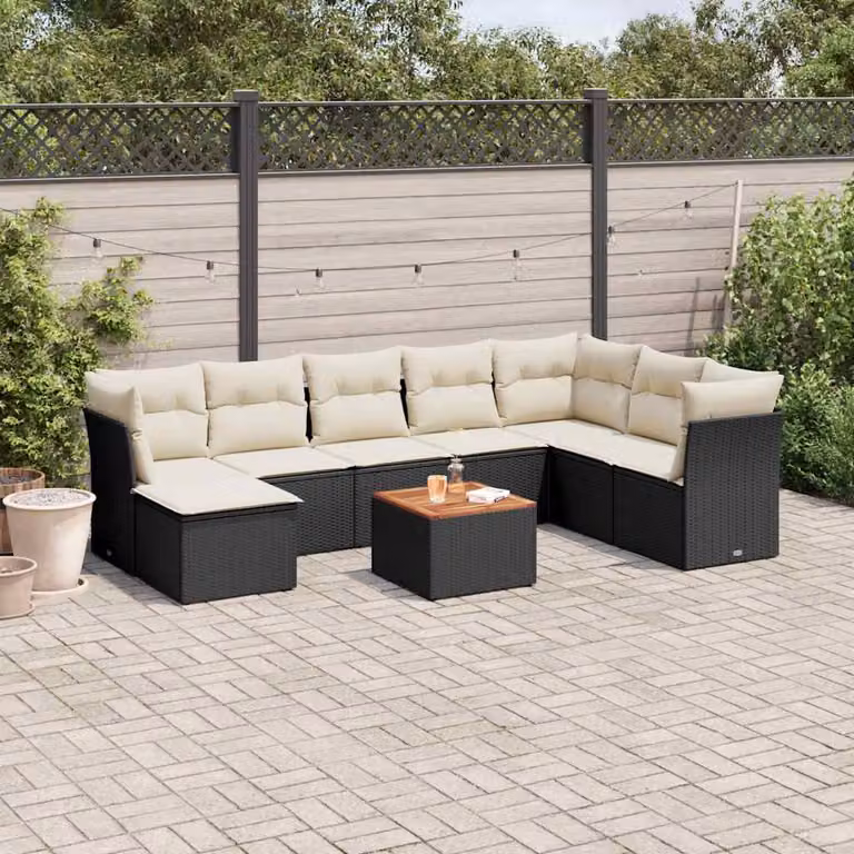 vidaXL Set Divani da Giardino 9 pz in Polyrattan Nero con Cuscini e Tavolino da Esterno