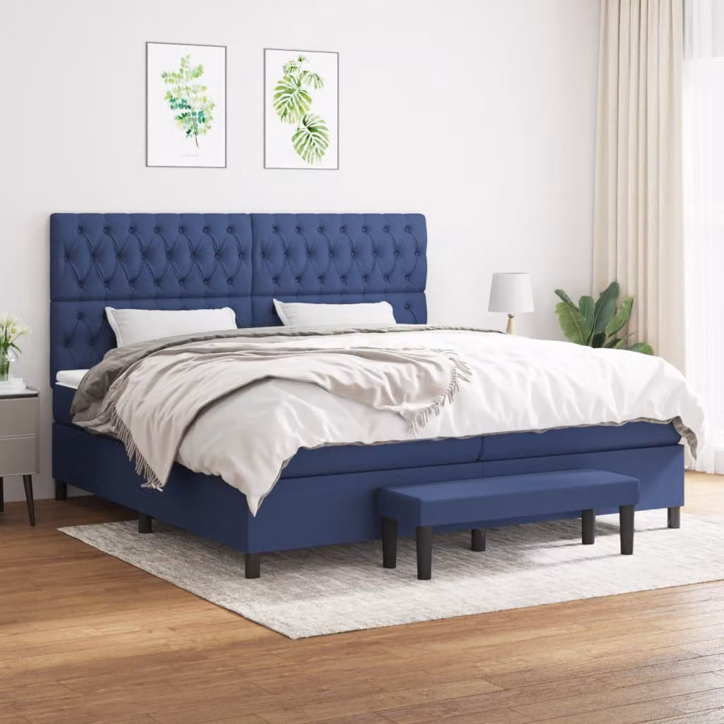 The Living Store Letto a molle con materasso blu 200x200 cm in tessuto