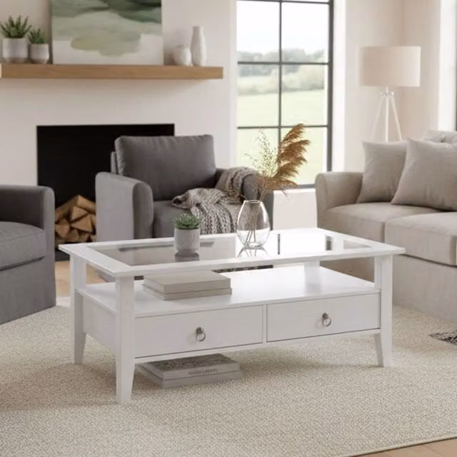 Tavolino da salotto Minturno DMORA bianco con piano in vetro e struttura in legno, L: 115 cm, P: 60 cm, H: 45 cm – 1